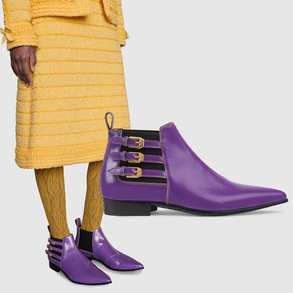 GUCCI BOOTS ANKLE QUEBEC 3 BUCKLE VIOLET LEATHER POINTED TOE 38 / US 8 - Picture 1 of 15